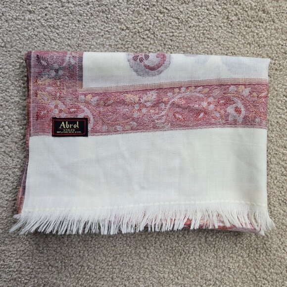 NWOT Wool Scarf Jacquard Embroidered Pink Red Flowers Abrol - Picture 11 of 12
